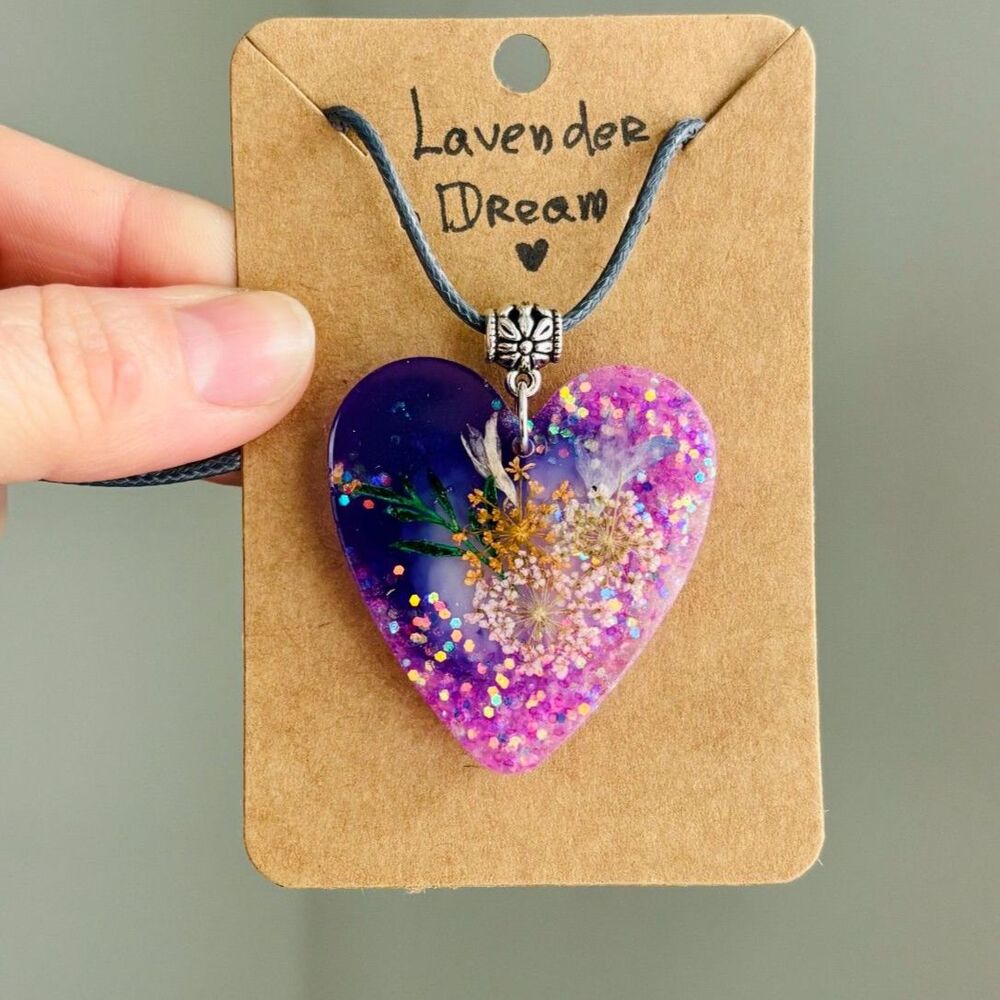 Pressed Flower Heart Necklace, Handmade Purple Resin Pendant Real Dried Flowers